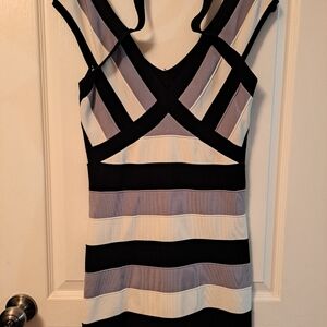 Le Chateau Black and White Striped Bandage Dress